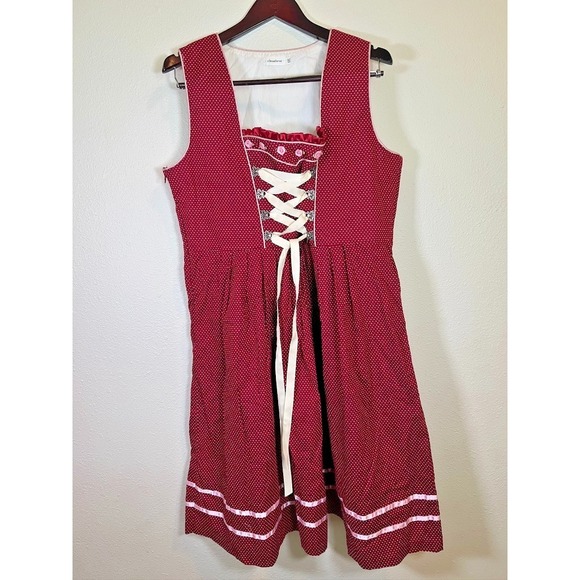 Dirndl Dress XXL Burgundy Polka Dot Oktoberfest Lace Up Bavarian Milkmaid - Picture 4 of 14